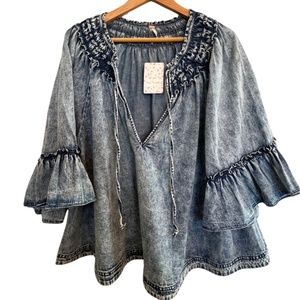 Free People Ainsley Denim Top with Tie Neck Size XL - New With Tags